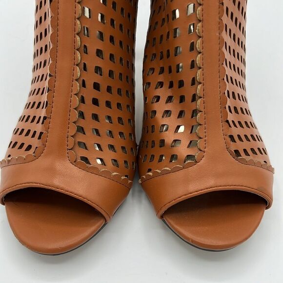 Pierre Dumas Lattice Suede Tan Ankle Heel with Peep Toe 7.5 B69 - Picture 5 of 11